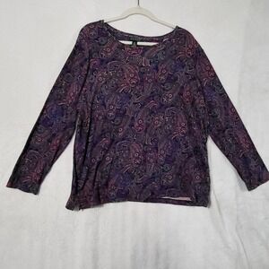 Lauren Ralph Lauren Shirt Womens 2X Multicolor Paisley Long Sleeve Jersey Cotton